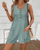 Plain Jacquard Knit Hollow out Sleeveless Romper Casual Button Front Short Jumpsuit with Pockets