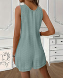 Plain Jacquard Knit Hollow out Sleeveless Romper Casual Button Front Short Jumpsuit with Pockets