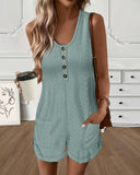 Plain Jacquard Knit Hollow out Sleeveless Romper Casual Button Front Short Jumpsuit with Pockets
