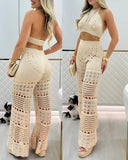 2 Pieces Halter Sleeveless Crop Top and Casual Hollow out Loose Fit Pants Set