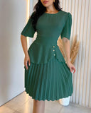 Round Neck Puff Sleeve Pleated Dress Casual Button Decor A Line Waist Dress