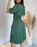 Round Neck Puff Sleeve Pleated Dress Casual Button Decor A Line Waist Dress