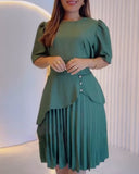 Round Neck Puff Sleeve Pleated Dress Casual Button Decor A Line Waist Dress