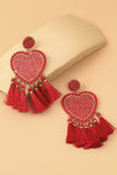 Racing Red Heart Shape Tasseled Dangle Earrings