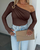 Metal Ring Decor Cold Shoulder Ruched Slim Fit T Shirt Layering Top With Thumb Hole Cuffs