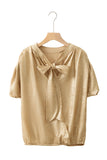 Gold Solid Color Metallic Ruched Sleeve Back Knot Blouse