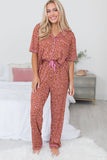 Brown Leopard Print Short Sleeve Shirt and Pants Pajamas Set