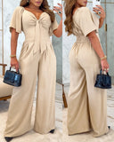 Sweetheart Neck Three Quarters Tied Detail Shirred Ruched Wide Leg Jumpsuit Casual Overall