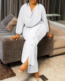 Long Sleeve Cowl Neck Elegant Jumpsuit Casual Wide Leg Button Decor Slit Romper