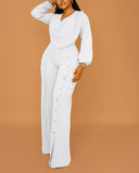 Long Sleeve Cowl Neck Elegant Jumpsuit Casual Wide Leg Button Decor Slit Romper