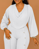 Long Sleeve Cowl Neck Elegant Jumpsuit Casual Wide Leg Button Decor Slit Romper