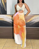 Floral Print Crochet Halter Waist Hollow Out Chiffon Dress Casual A Line Flowy Maxi Dress