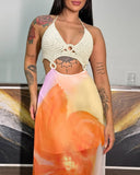 Floral Print Crochet Halter Waist Hollow Out Chiffon Dress Casual A Line Flowy Maxi Dress