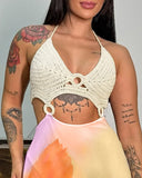 Floral Print Crochet Halter Waist Hollow Out Chiffon Dress Casual A Line Flowy Maxi Dress