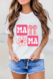 White MAMA Bow Flower Print Crewneck T Shirt