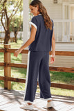 Navy Blue Color Block Pocketed T Shirt and Wide Leg Pants Set
