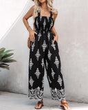 Graphic Print Square Neck Thick Strap Shirred Jumpsuit Wide Leg Overalls with Pockets