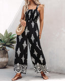 Graphic Print Square Neck Thick Strap Shirred Jumpsuit Wide Leg Overalls with Pockets