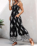 Graphic Print Square Neck Thick Strap Shirred Jumpsuit Wide Leg Overalls with Pockets