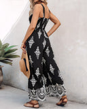 Graphic Print Square Neck Thick Strap Shirred Jumpsuit Wide Leg Overalls with Pockets