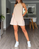 Contrast Paneled Halter Sleeveless Loose Fit Romper Casual Pocket Design Jumpsuit