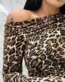 Leopard Print Cold Shoulder Slim Fit Long Sleeve Tee Casual Top