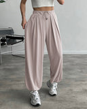 High Waist Elastic Dtrawstring Cuffed Pants Casual Loose Fit Ruched Pants