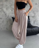 High Waist Elastic Dtrawstring Cuffed Pants Casual Loose Fit Ruched Pants