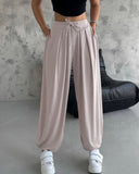 High Waist Elastic Dtrawstring Cuffed Pants Casual Loose Fit Ruched Pants