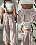 High Waist Elastic Dtrawstring Cuffed Pants Casual Loose Fit Ruched Pants