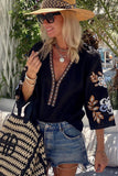 Black Bohemian Floral Embroidered V Neck Blouse