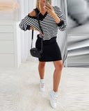 2PCS Striped V Neck Sweatshirt & Thick Strap Bodycon Dress Set