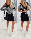 2PCS Striped V Neck Sweatshirt & Thick Strap Bodycon Dress Set