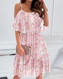 Glitter Lurex Floral Print Cold Shoulder Spaghetti Strap Ruffles Layered Dress Sweet Dress