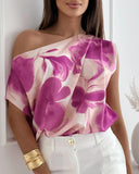 Floral Tie Dye Print Skew Neck Ruched Top