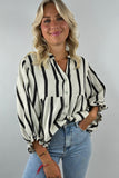 Black Stripe Crinckled Ruffled Sleeve Button up Loose Shirt