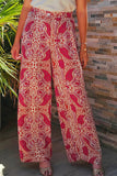 Red Paisley Printed Buttoned High Waist Straight Leg Pants