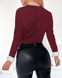 Asymmetrical Neck Long Sleeve Fleece Lined Ribbed Top Button Front Slim Fit Tee