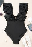 Black Ruffled Sleeve Lace-up V Neck Plus Size One Piece Swimsuit