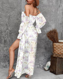 Floral Print Cold Shoulder High Slit Long Sleeve Frill Hem Jumpsuit Romantic Rompers