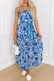 Blue Floral Printed Spaghetti Strap Maxi Dress with Waist Tie