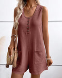 Scoop Neck Sleeveless Button Front Romper Casual Pocket Design Loose Fit Knit Jumpsuit