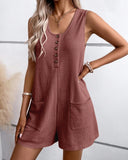 Scoop Neck Sleeveless Button Front Romper Casual Pocket Design Loose Fit Knit Jumpsuit