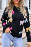 Black Valentine Bow Print Crew Neck Drop Shoulder Sweater