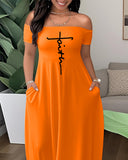 Faith Print Off the Shoulder Short Sleeve Elegant Maxi Dress with Pocket