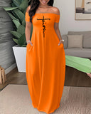 Faith Print Off the Shoulder Short Sleeve Elegant Maxi Dress with Pocket