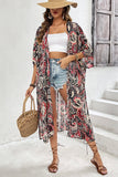 Black Floral Print Side Slit Open Front Long Kimono