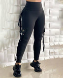 High Waist Webbing Side Zipper Pocket Design Skinny Pants Casual Slim Fit Leggings