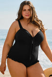 Black Plus Size Textured Knotted Ruffled Trim One Piece Swimwear