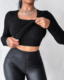 U Neck Built in Bra Long Sleeve Ribbed Top